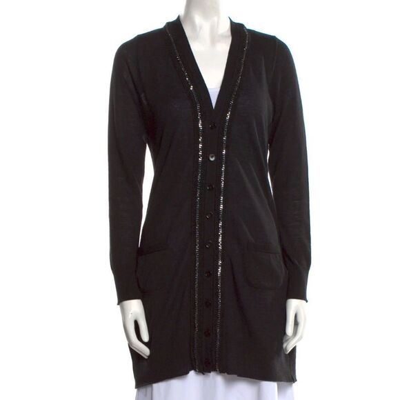 Anne Fontaine black wool v neck chain embellished cardigan‎ sweater women’s 38 - Picture 1 of 10